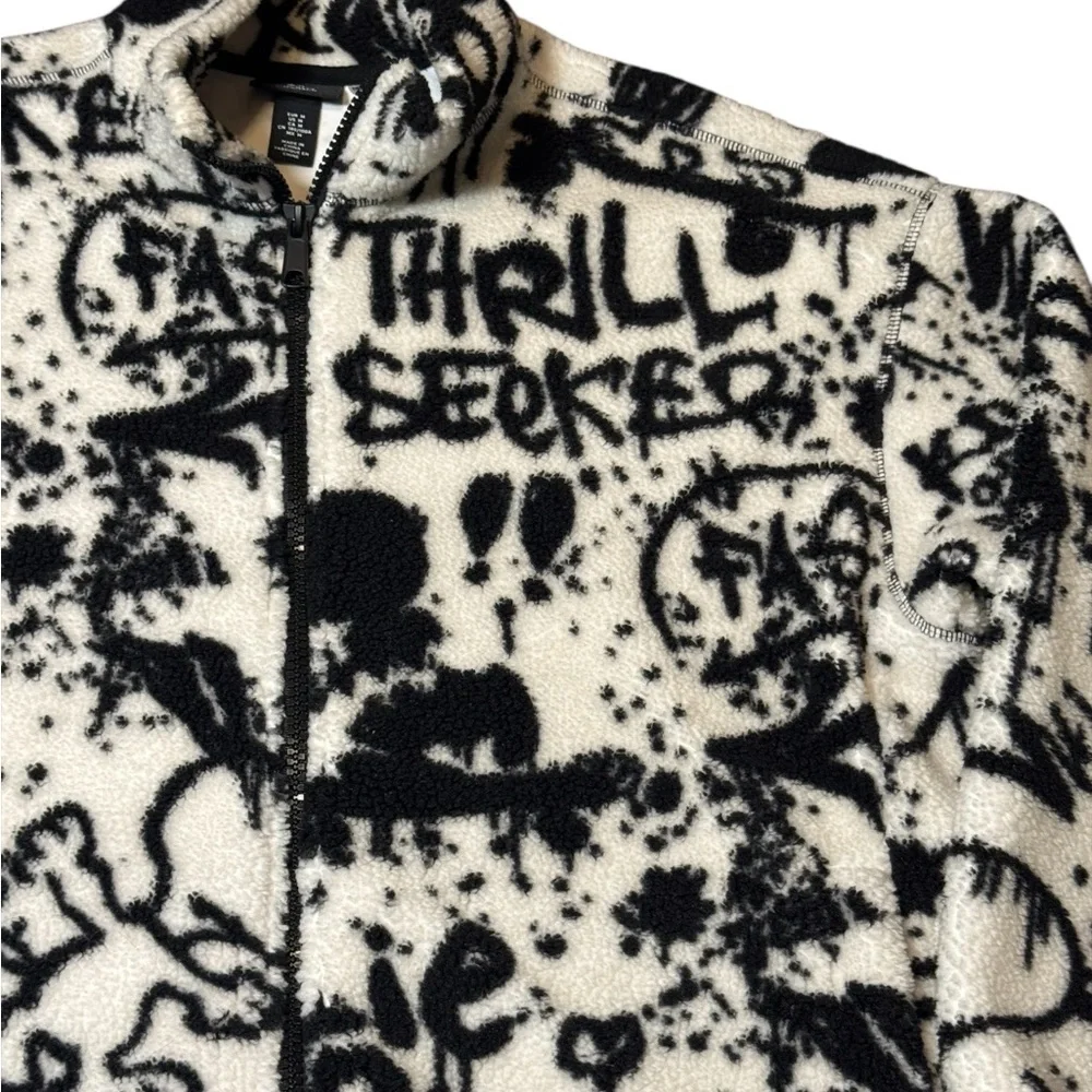 H&M x Peanuts Men’s Oversized Graffiti Black & Cream Sherpa Jacket Size Medium